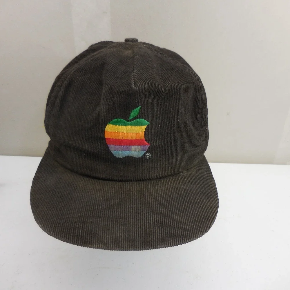 Vintage Apple Computer Rainbow Logo Corduroy Hat Cali-Fame Snapback Brown USA